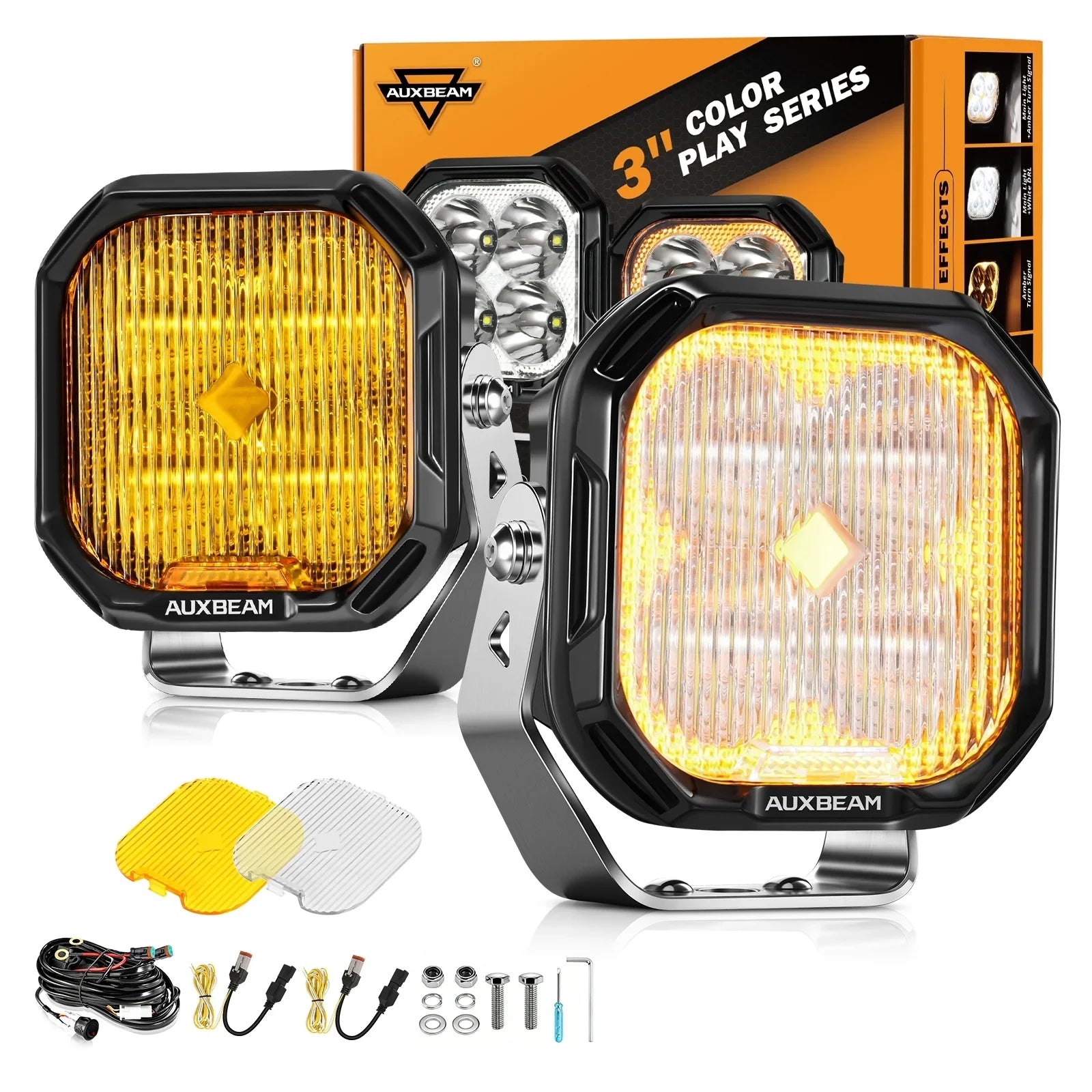 Color Play Series 3 Inch 100W Fog Lights Off Road Lights with White DRL & Amber Turn Signal Lights — Auxbeam product