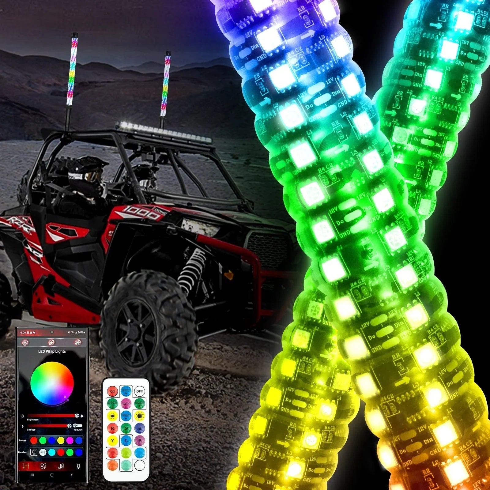New 2.2FT LED RGB Whip Lights with Turn Signal & Brake Light, Bluetooth APP/ Remote Control — Auxbeam product