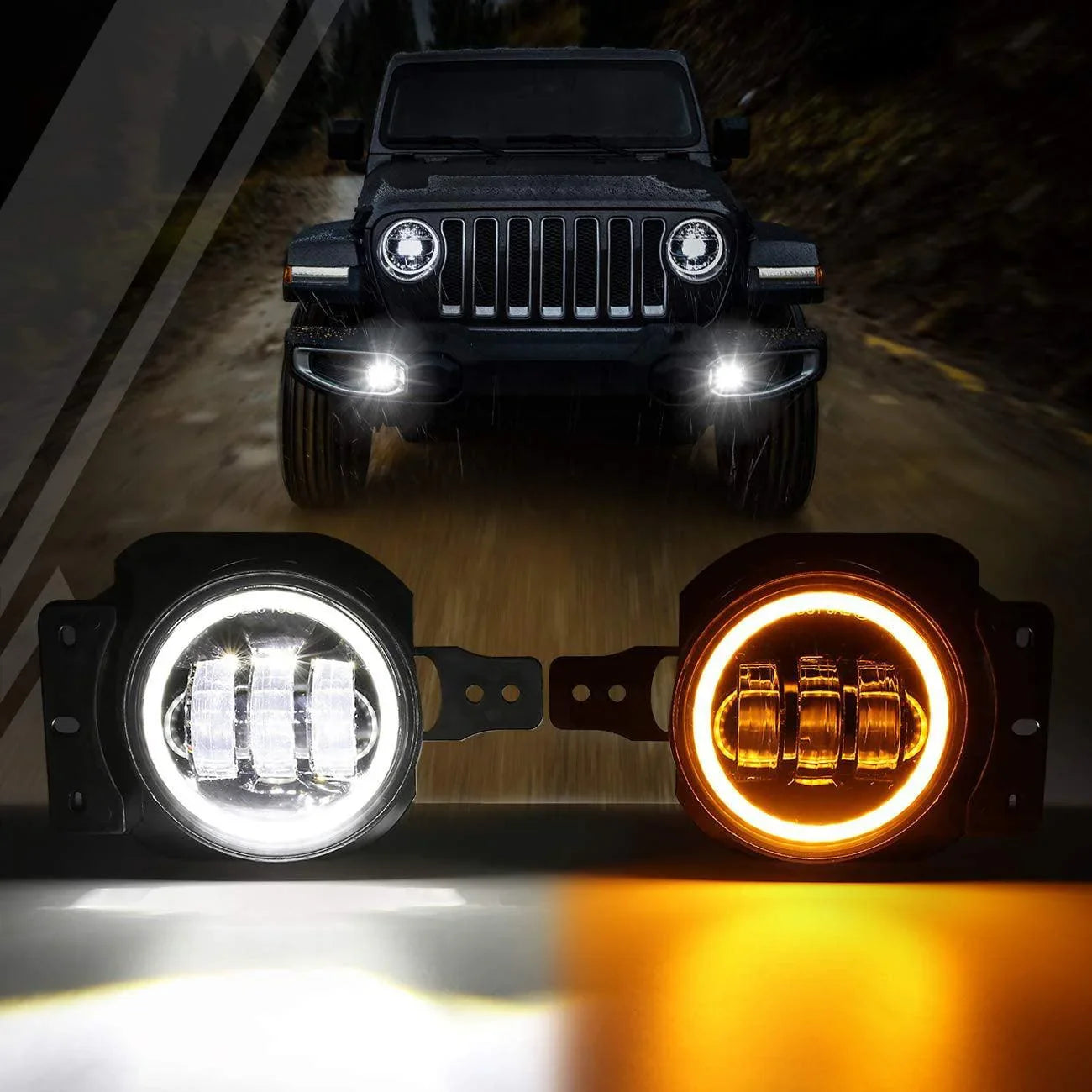 (2pcs/set) 4 Inch 30W Round LED Fog Lights With DRL&Amber Turn Signal for Jeep Wrangler JL JLU 2018 2019 2020 — Auxbeam product