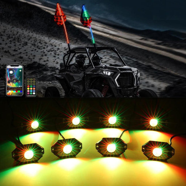 2Pcs 4FT RGB LED Whip Lights with Turn Signal & Brake Light + RGB LED Rock Lights Set with Bluetooth Controlled — Auxbeam product