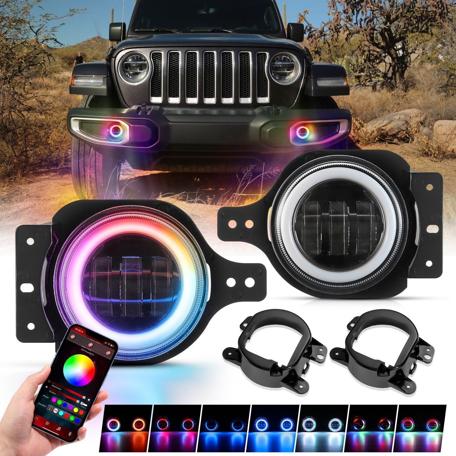 Upgraded 4 Inch LED Fog Lights with RGB Halo Ring & Turn Signal Light, Bluetooth Control for Jeep Wrangler JK/JL 2018-2024 — Auxbeam product