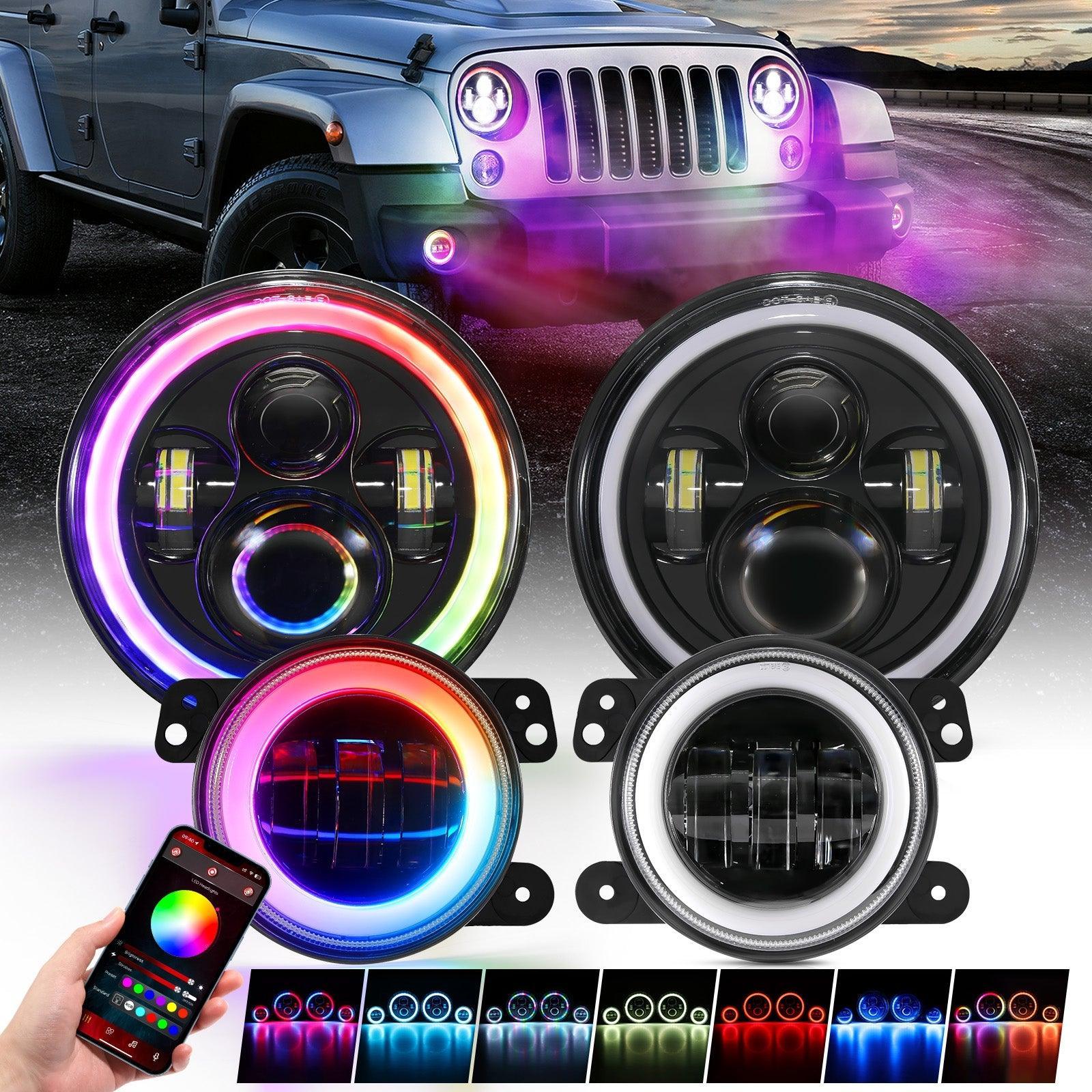 Upgraded RGB 7 Inch Headlights + 4 Inch Fog Lights Combo for Jeep Wrangler JK with APP Control — Auxbeam product