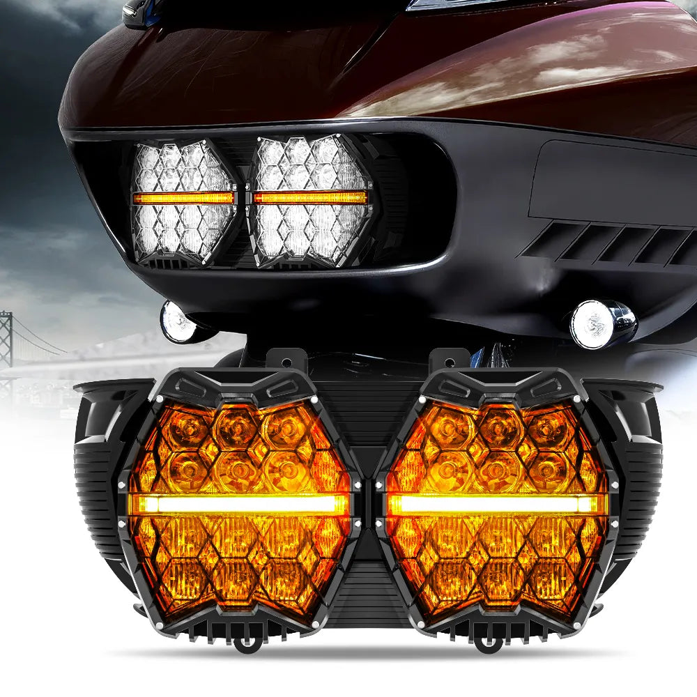 🆕 DOT Motorcycle LED Dual Headlight Assembly Amber DRL High/Low Beam Honeycomb for 2015-2023 Harley-Davidson Road Glide — Auxbeam product