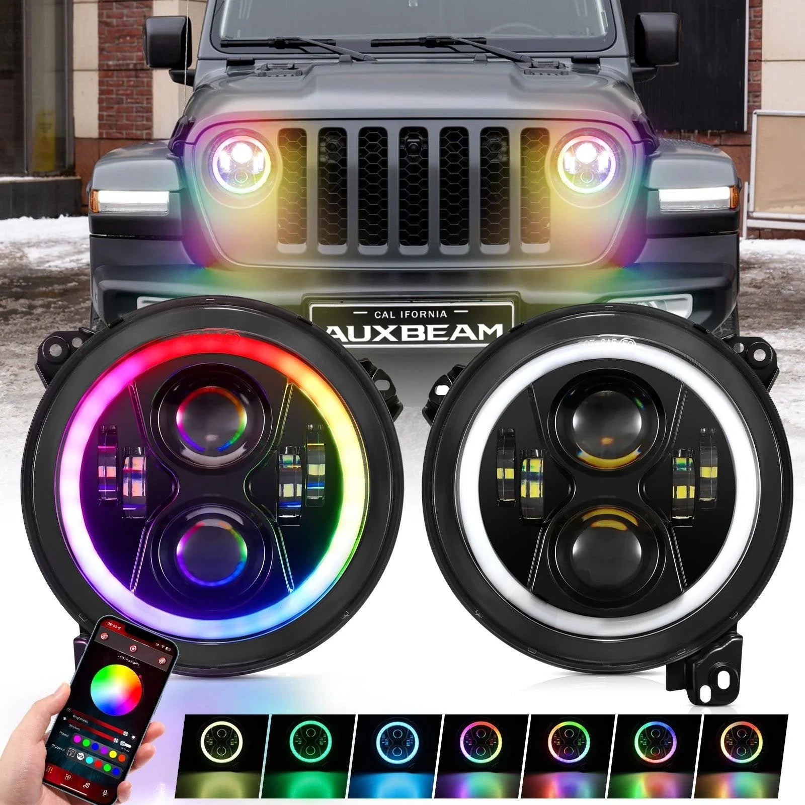 Upgraded 9 Inch Round LED Headlight with RGB Halo Ring for Jeep Wrangler JL — Auxbeam product