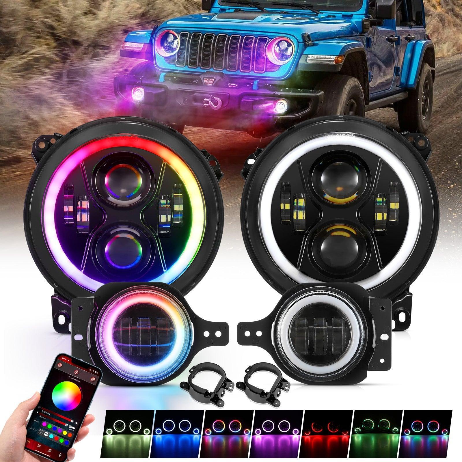 Upgraded RGB 9 Inch Headlights + 4 Inch Fog Lights Combo for Jeep Wrangler JL with APP Control — Auxbeam product