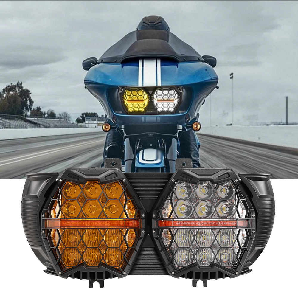 🆕 DOT Motorcycle LED Dual Headlight Assembly Amber DRL High/Low Beam Honeycomb for 2015-2023 Harley-Davidson Road Glide — Auxbeam product
