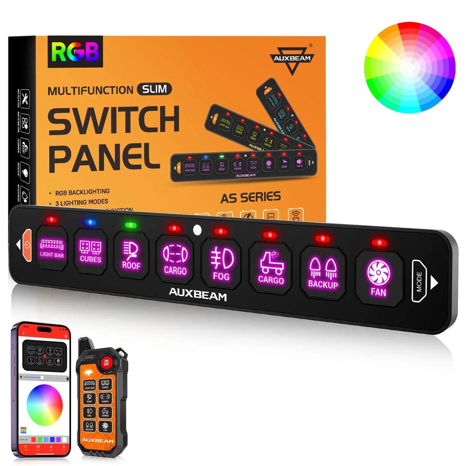 AS Series 8 Gang (AS-800) RGB Slim Switch Panel with APP&Remote Control, Toggle/ Momentary/ Pulsed Mode Supported(One-Sided Outlet) — Auxbeam product