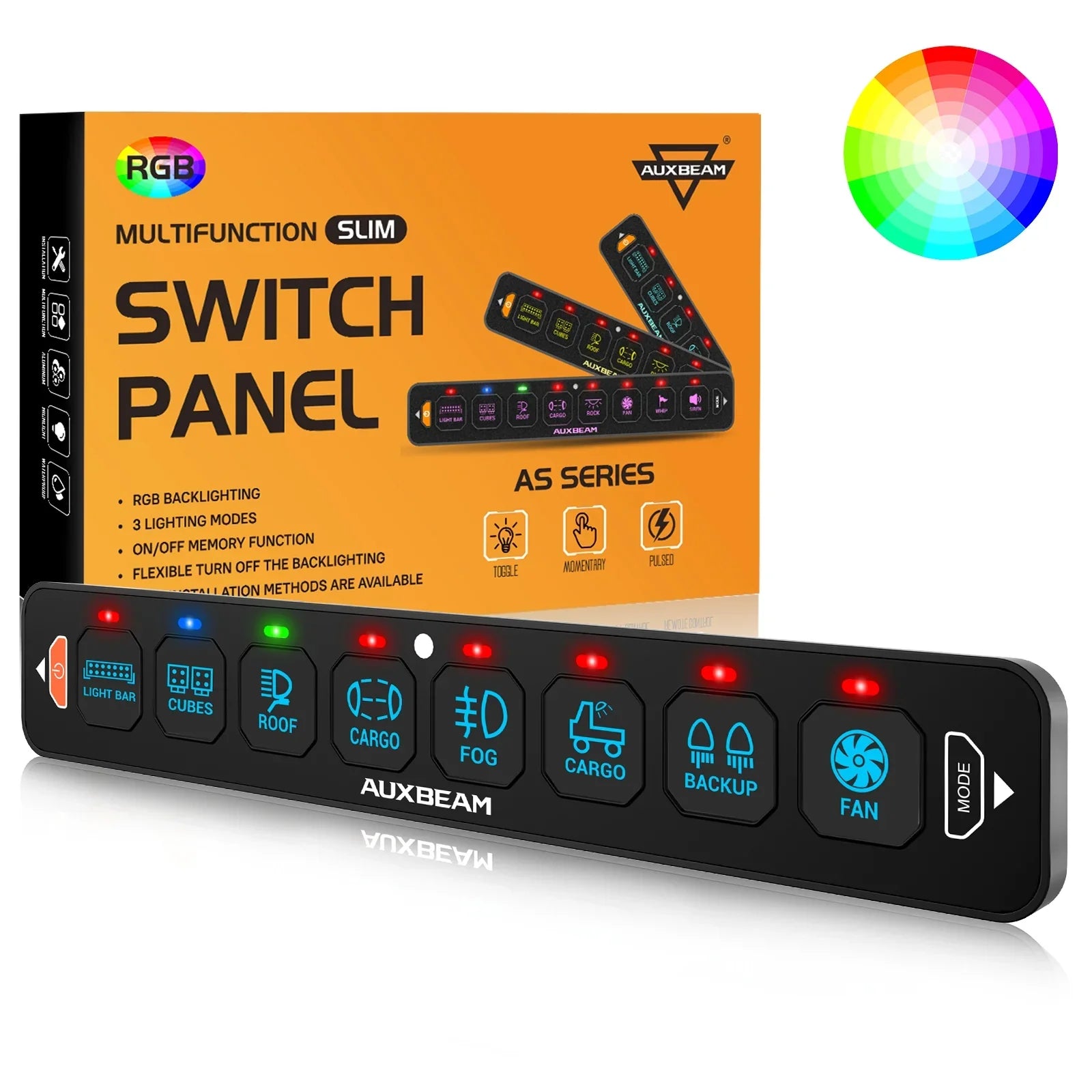 AS Series 8 Gang (AS-R80) RGB Slim Switch Panel, Toggle/ Momentary/ Pulsed Mode Supported(One-Sided Outlet) — Auxbeam product