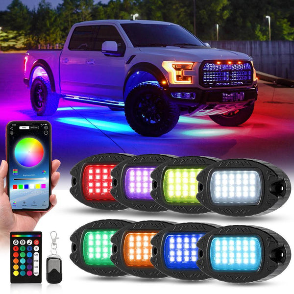 RGBW LED Rock Lights Kit with Bluetooth APP & Wireless Remote Control, Multicolor Neon Underglow Lights with Brake Light function — Auxbeam product
