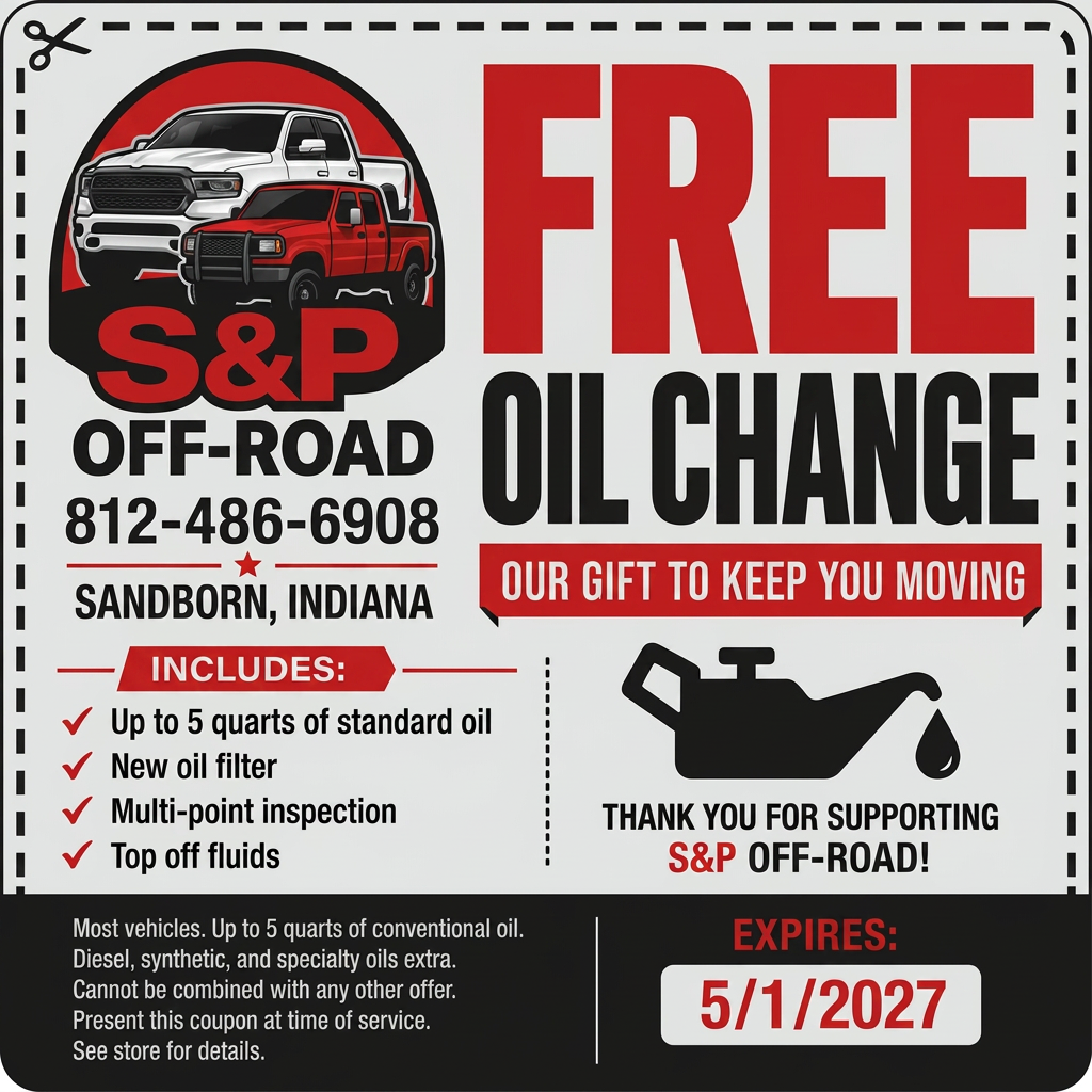 S&P Off-Road free oil change coupon, valid through May 2027